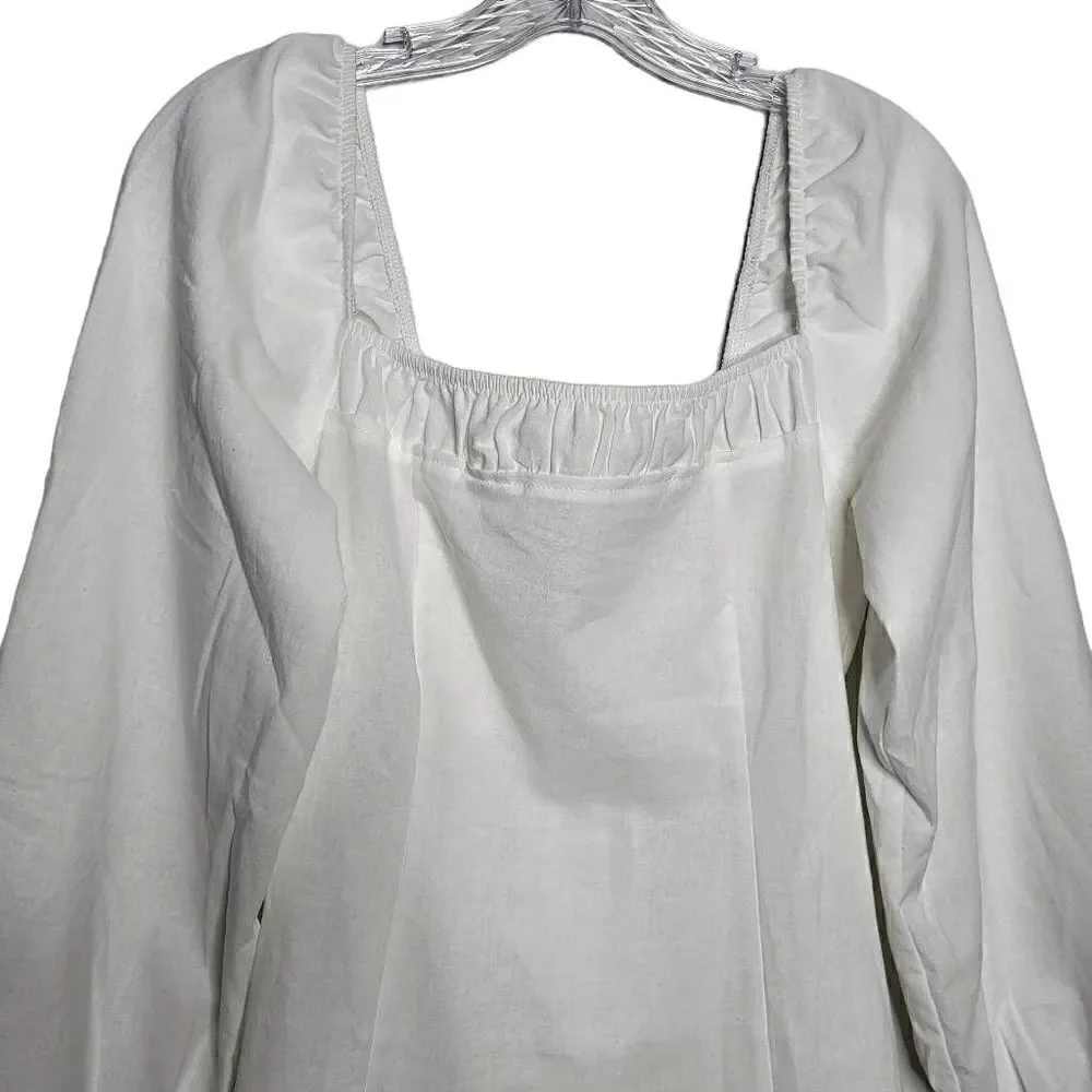 NEW Free People Square Neck Balloon Sleeves Cotton/Linen White Mini Dress Sz S